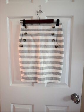 LOFT Cream and Gray Striped Double-Button Pencil Skirt